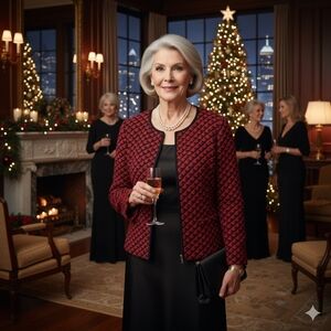 Talbots Woman Red Black Tweed Knit Sweater Jacket Size X Plus Holiday Coatigan